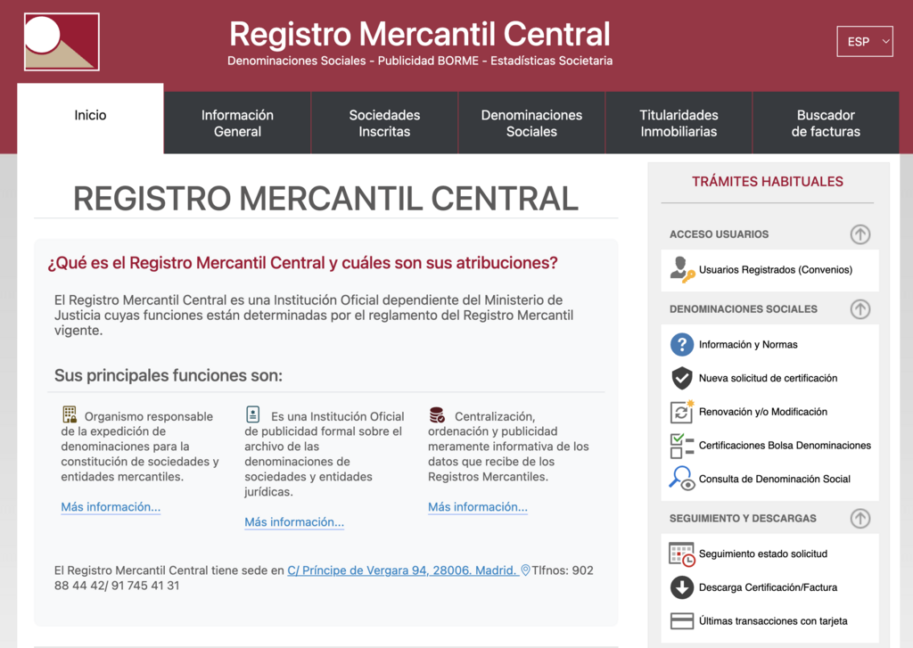 Sitio web de Registro Mercantil Central (RMC) 