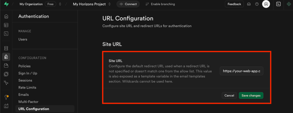 Configuración de la URL del sitio en Supabase