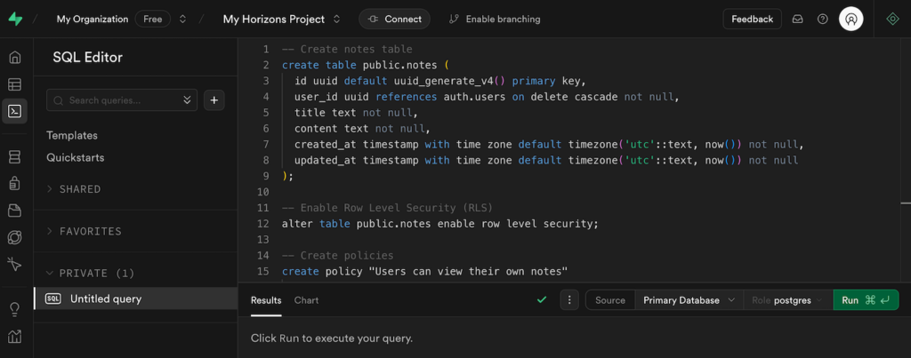 El menú del editor SQL en Supabase