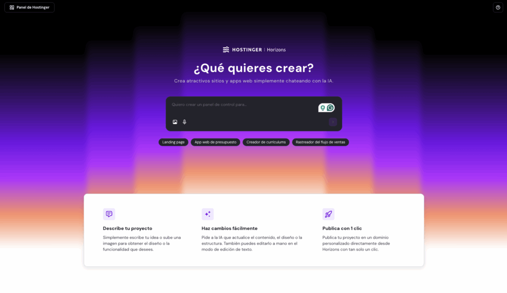 Captura de pantalla de la landing page de Hostinger Horizons