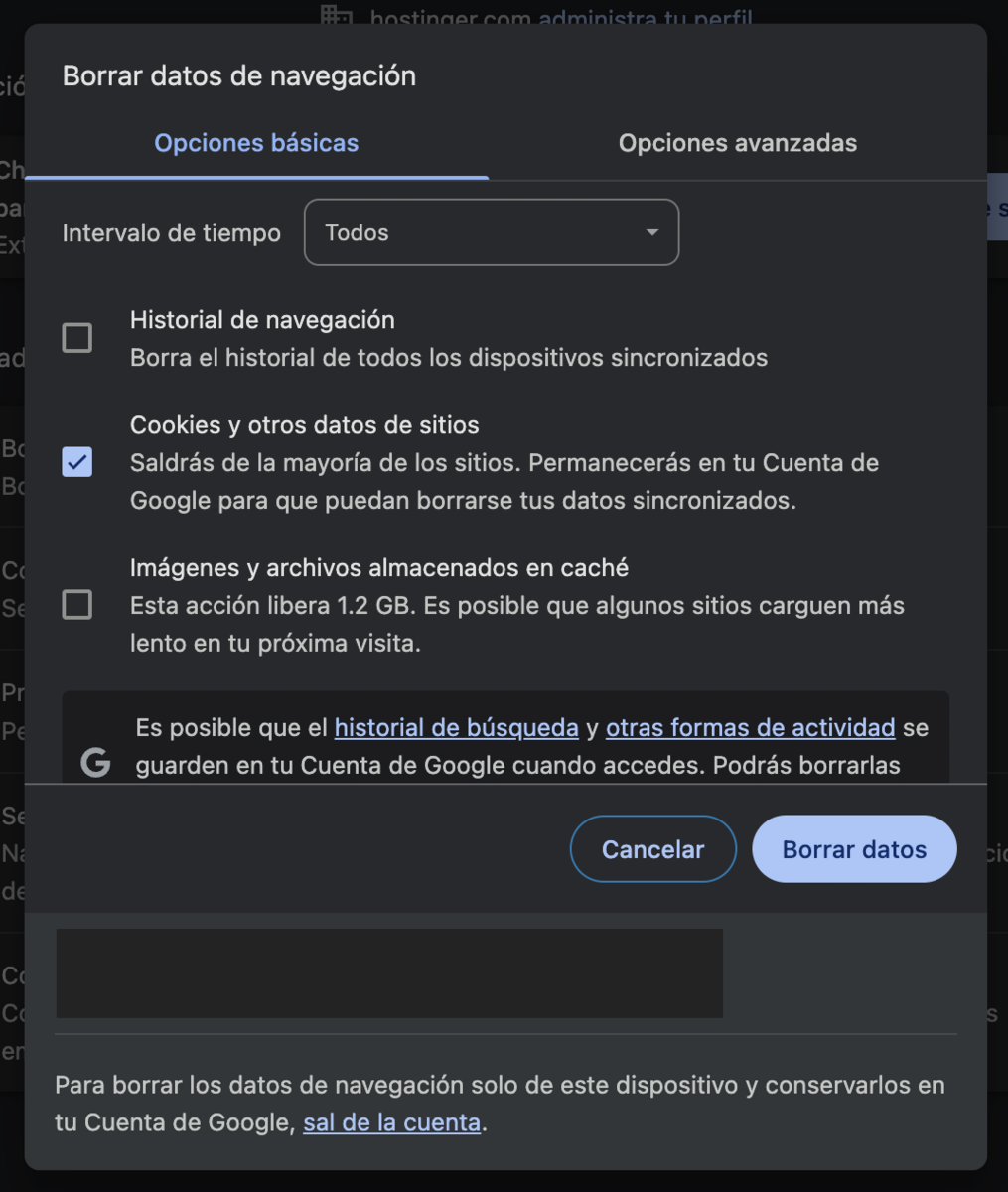 Ventana para Borrar datos de navegación de Chrome
