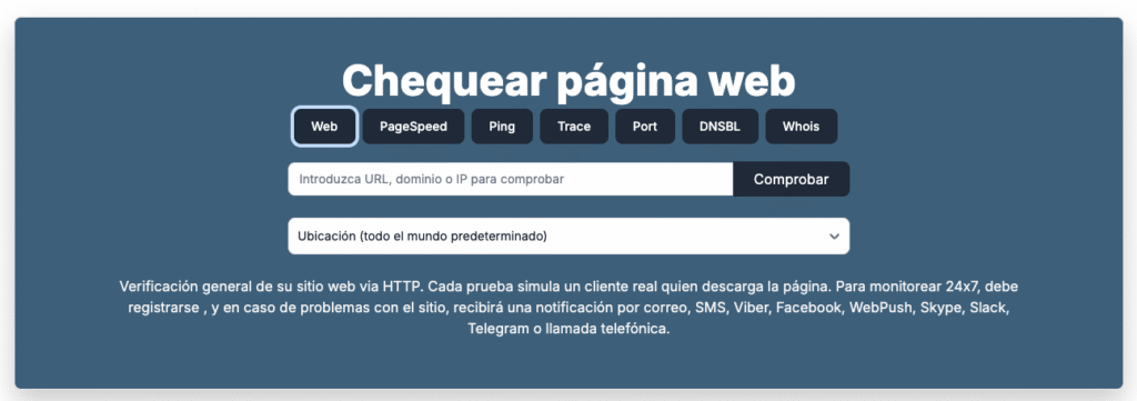 Sección de chequear página web de Host Tracker