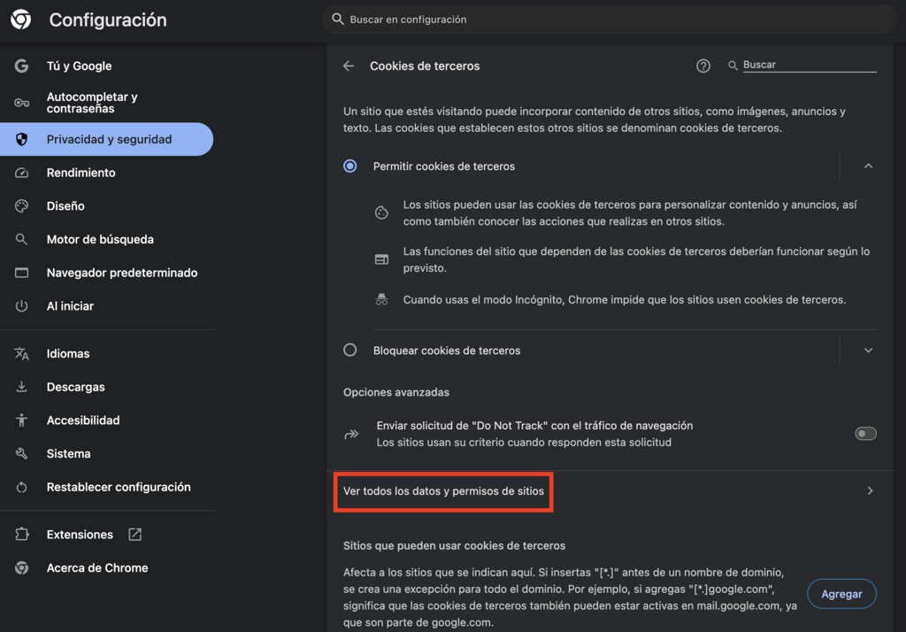 Opción Ver todos los datos y permisos de sitios