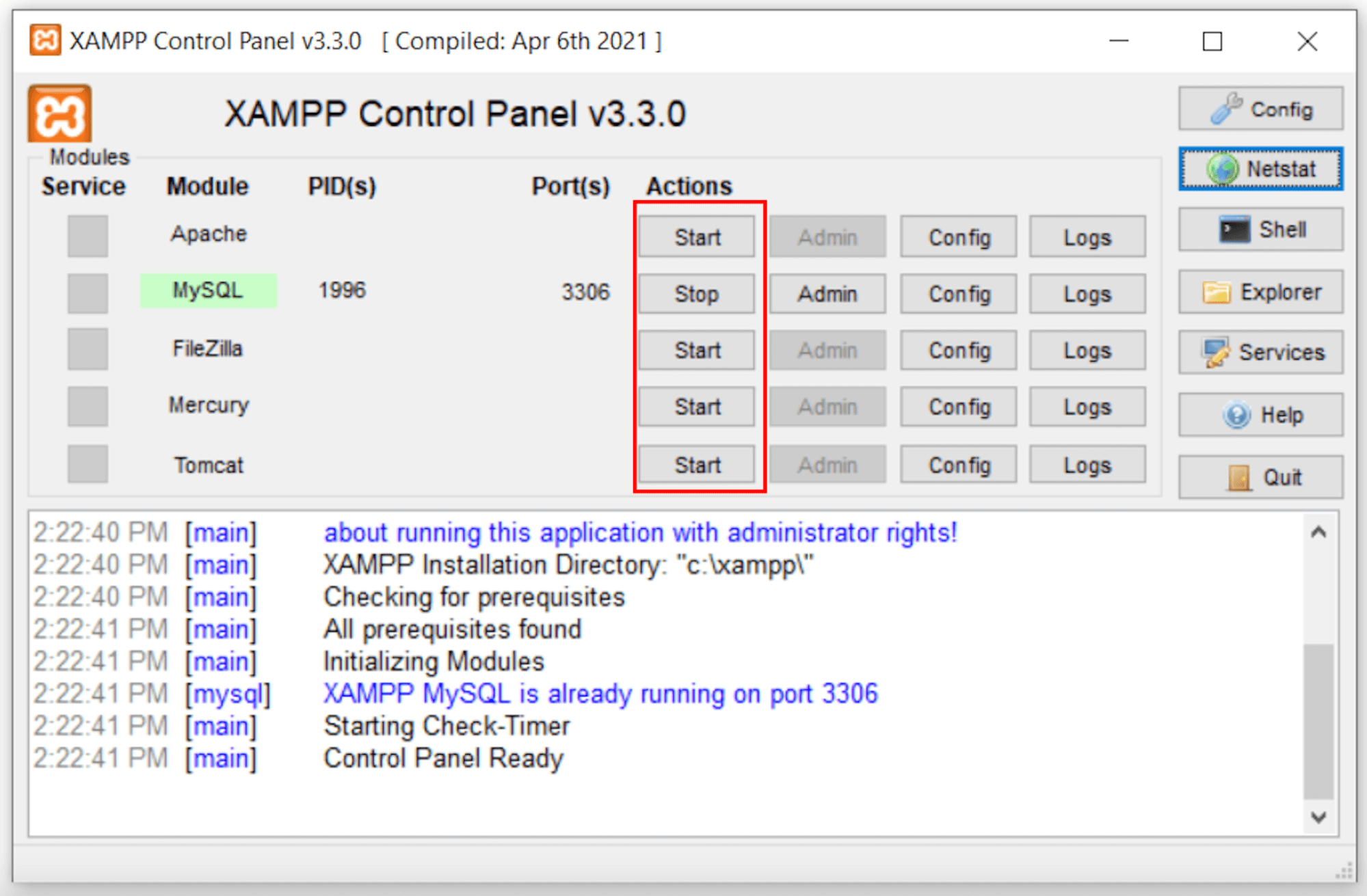 Boton de parar de MySQL en XAMPP