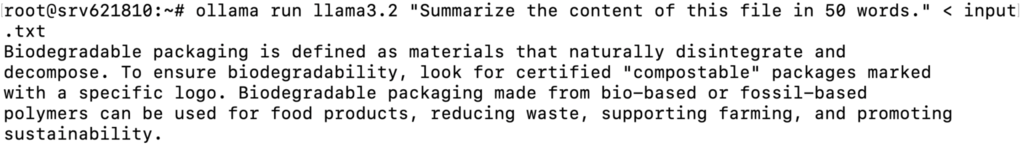 Terminal que muestra la respuesta de un modelo Ollama al resumir un archivo TXT.