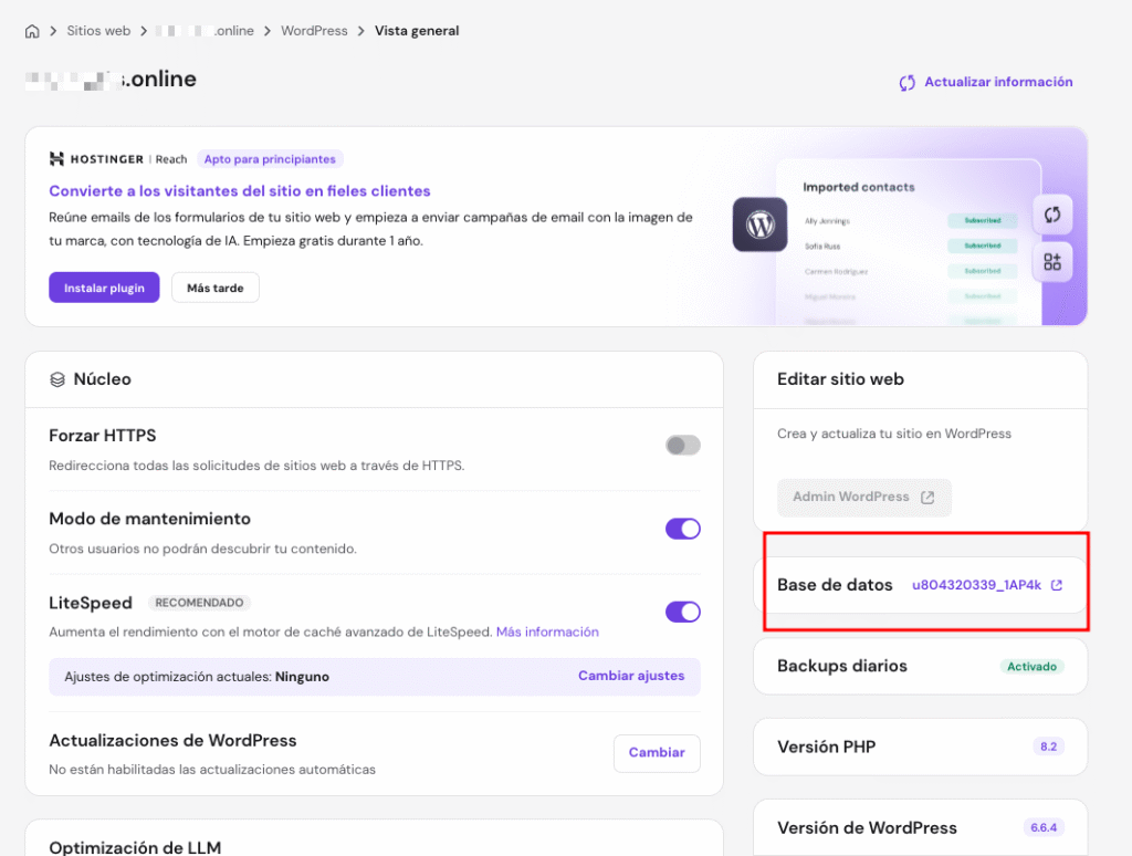 Sección de base de datos de WordPress