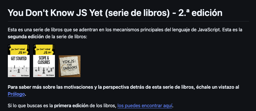 Captura de pantalla de la descripción del repositorio de GitHub You-Dont-Know-JS