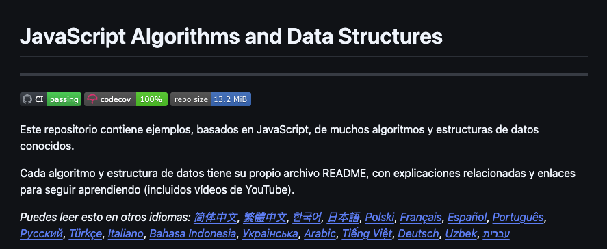 Captura de pantalla de la descripción del repositorio de GitHub javascript-algorithms