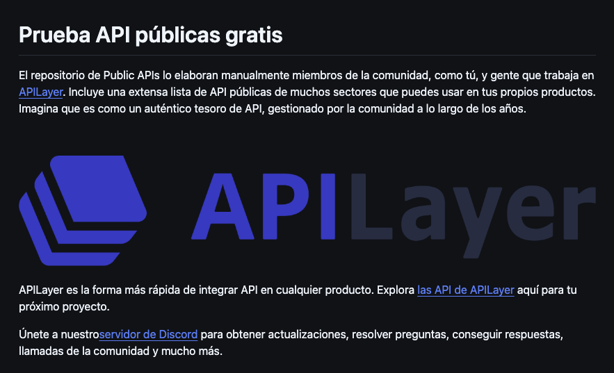 Captura de pantalla del logo y descripción del repositorio de GitHub public-apis.