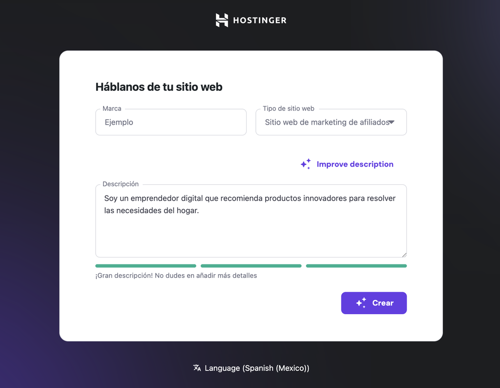 Asistente de creación web de Hostinger