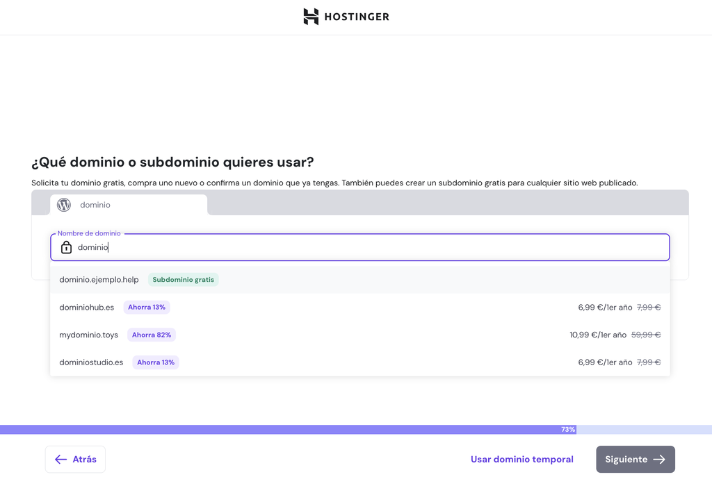 Sección para conectar dominio en nueva web en hPanel