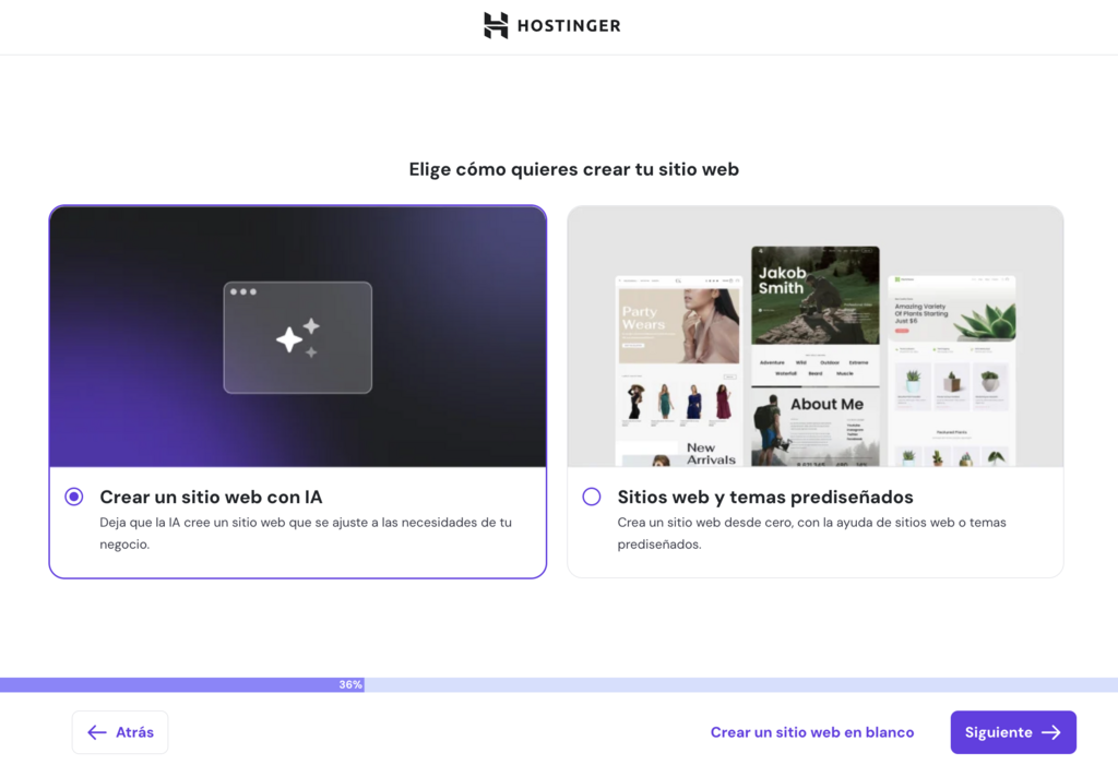 Opciones para crear sitio web en hPanel