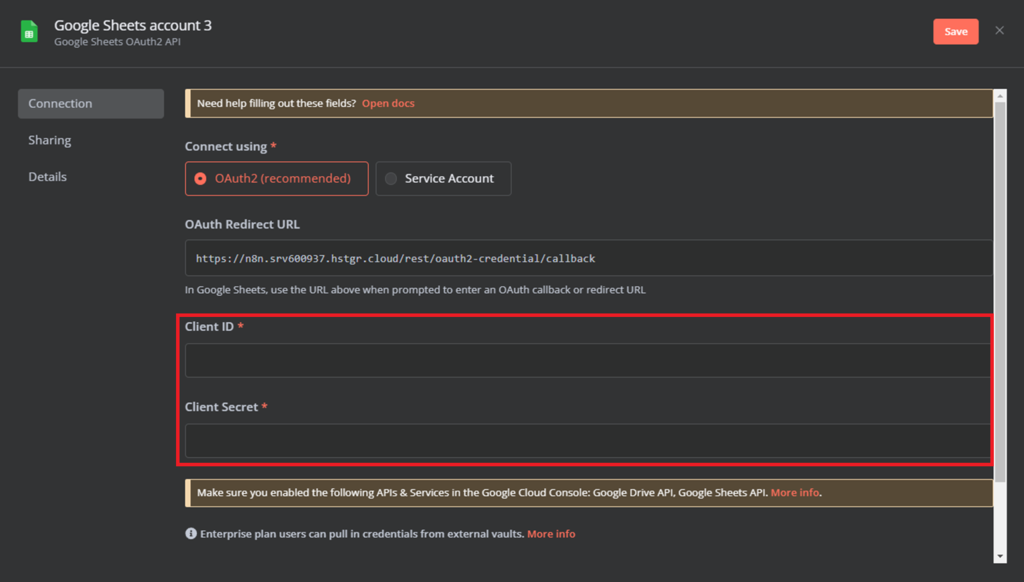 Creación de credenciales en n8n