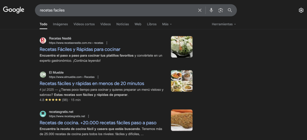 Ejemplo de búsqueda de palabra clave en Google