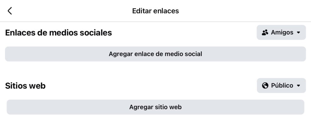 Sección de editar enlaces de Facebook