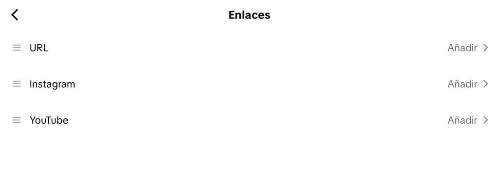 Sección de enlaces de TikTok