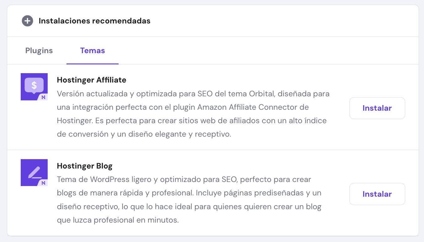 Instalaciones recomendadas de hPanel