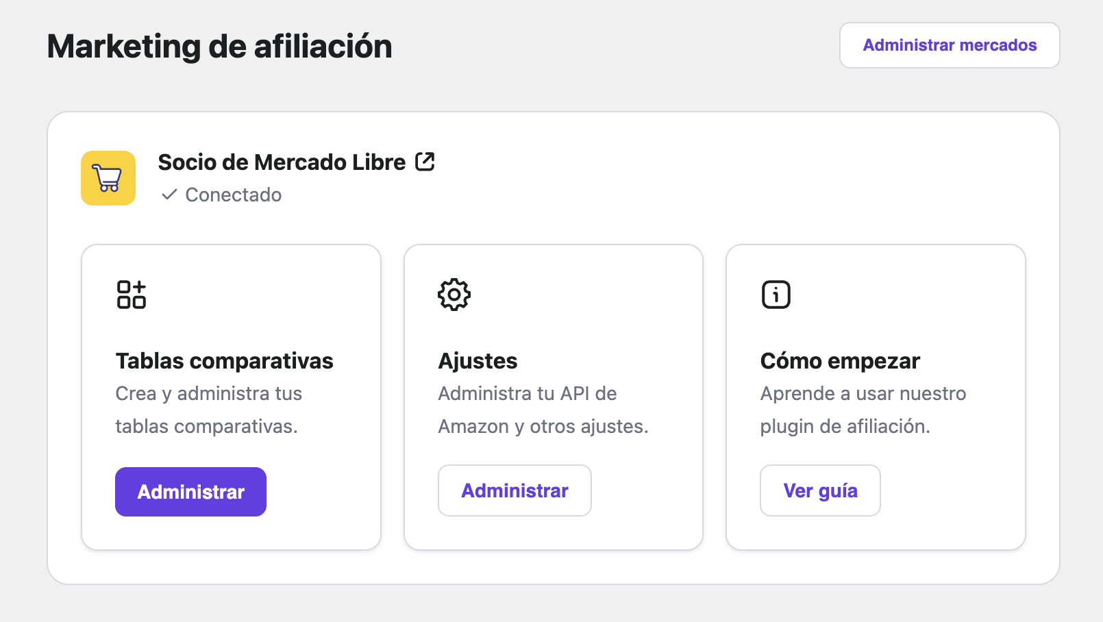 Sección de marketing de afiliación de Mercado Libre en WordPress
