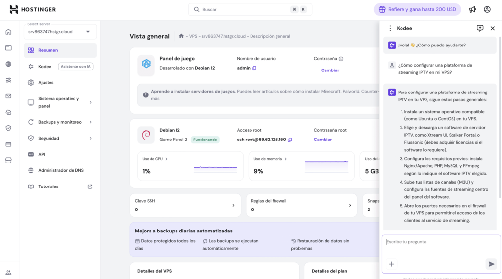Panel VPS de Hostinger