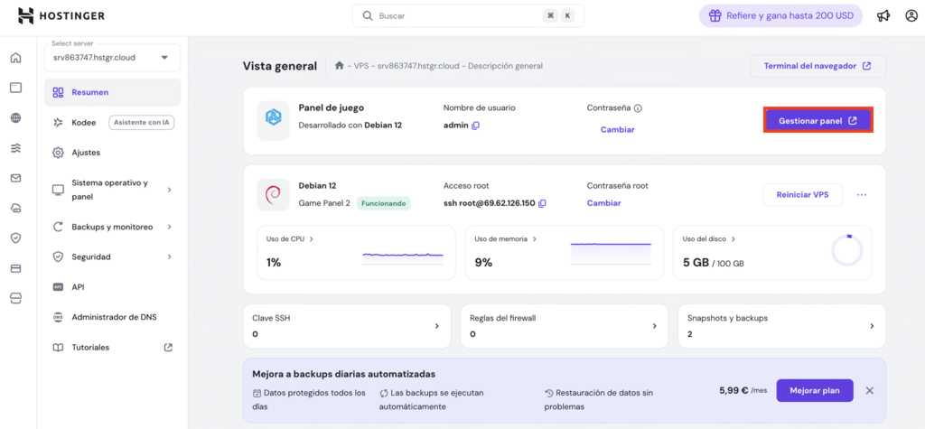 Vista general del VPS de Hostinger