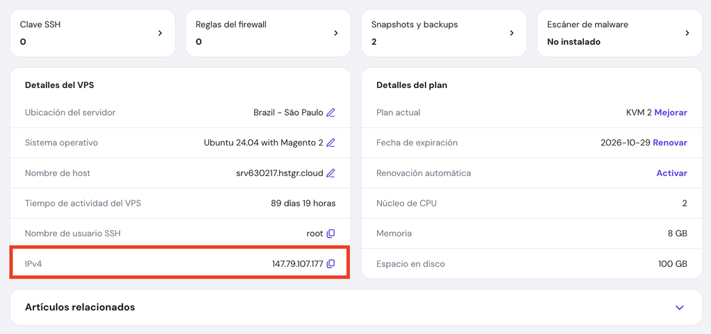 Panel de control del VPS en hPanel