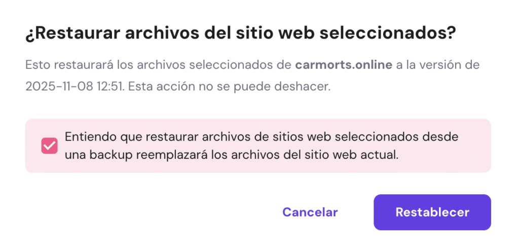 Sección de ¿Restaurar archivos del sitio web seleccionados?