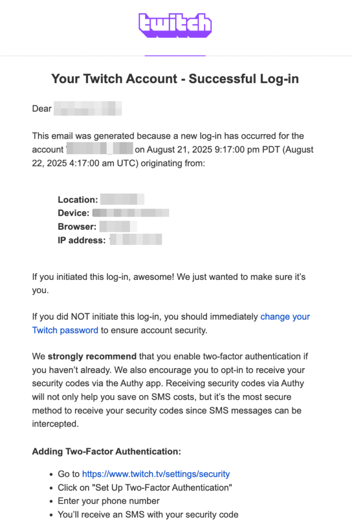 Email de Twitch al iniciar sesión.