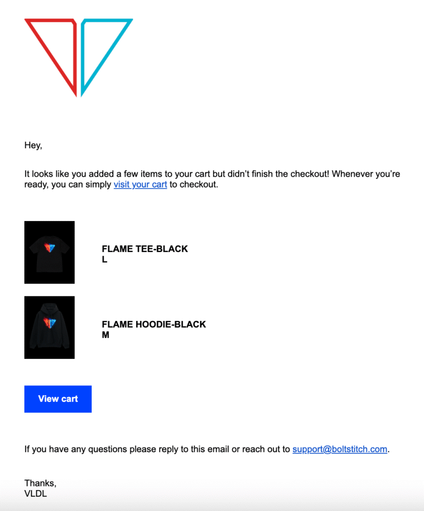 Ejemplo de email de carrito abandonado, de Viva La Dirt League