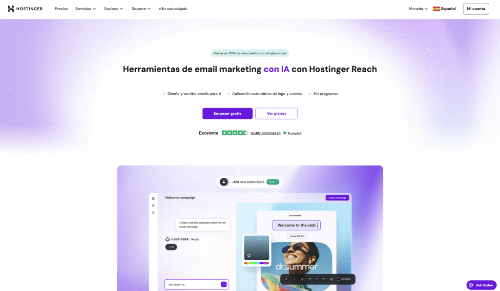 Página principal de la plataforma de email marketing Hostinger Reach