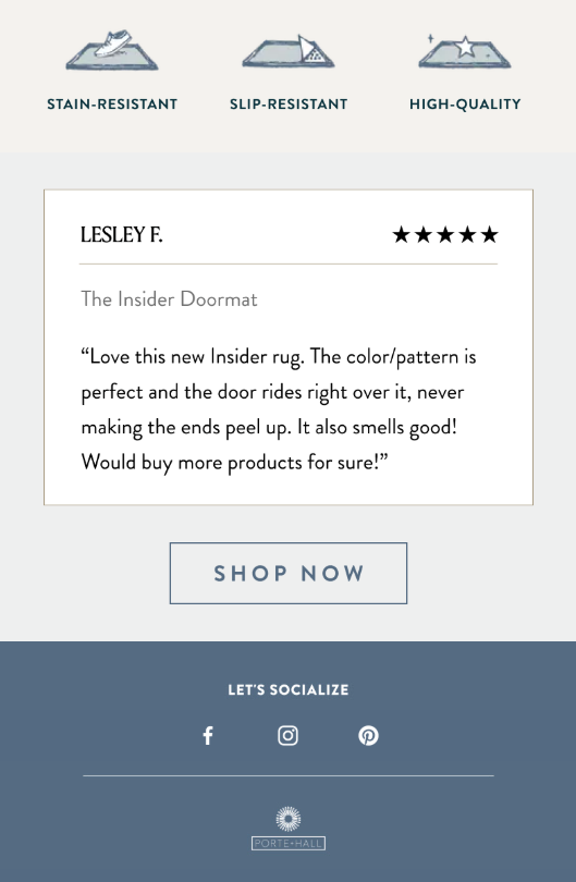 Email de Porte + Hall con reseña de cliente
