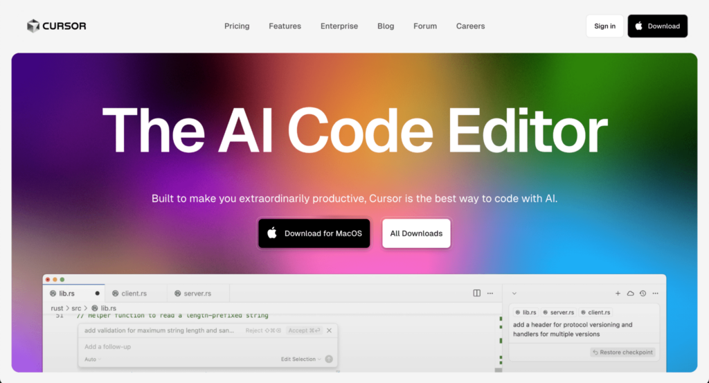 Página de inicio de Cursor AI