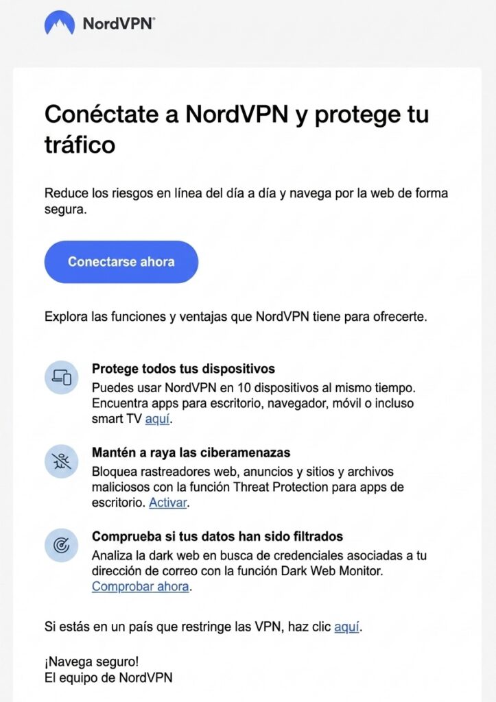 Email de bienvenida de NordVPN