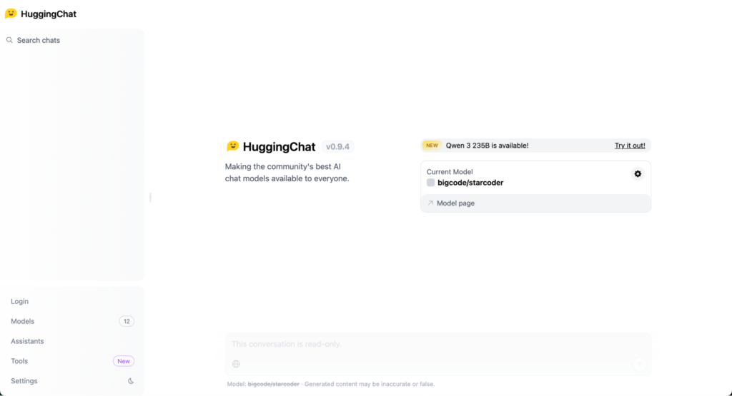 Interfaz HuggingChat de StarCoder