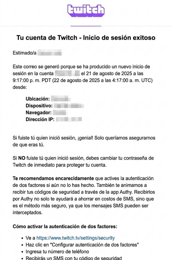 Email de confirmación de inicio de sesión en Twitch
