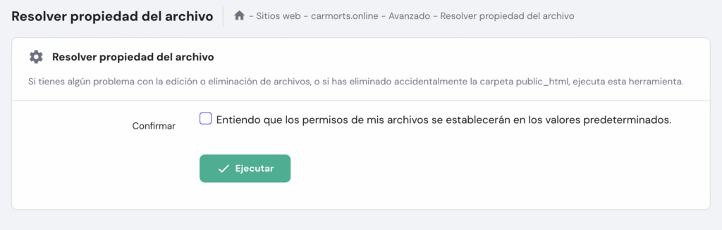 Sección de Resolver propiedad del archivo en hPanel