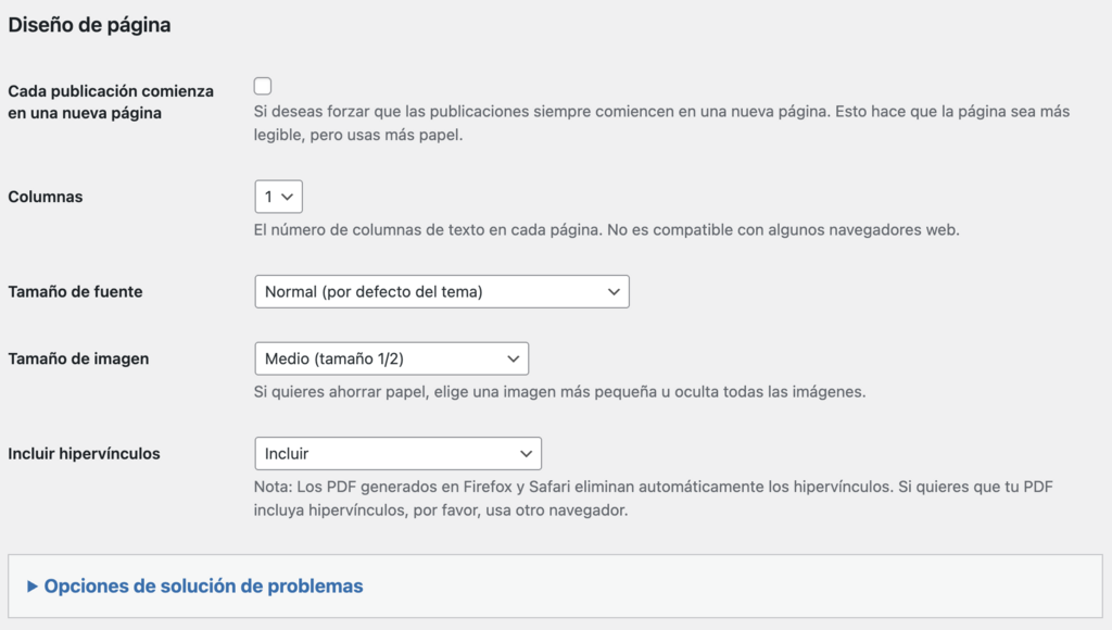 Sección Diseño de página de Print My Blog