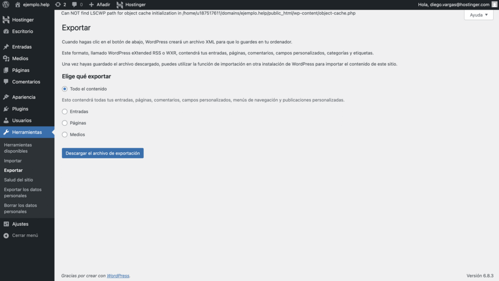Función de exportar de WordPress
