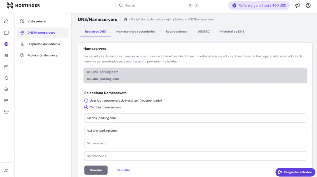 Sección de DNS/Nameservers en hPanel