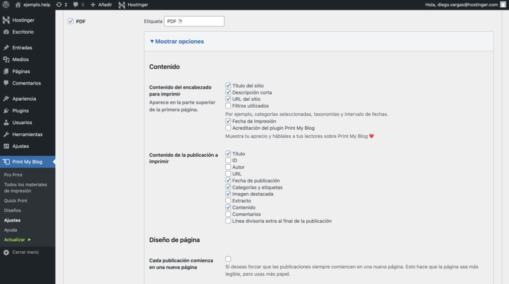Configuración de contenido de Print My Blog