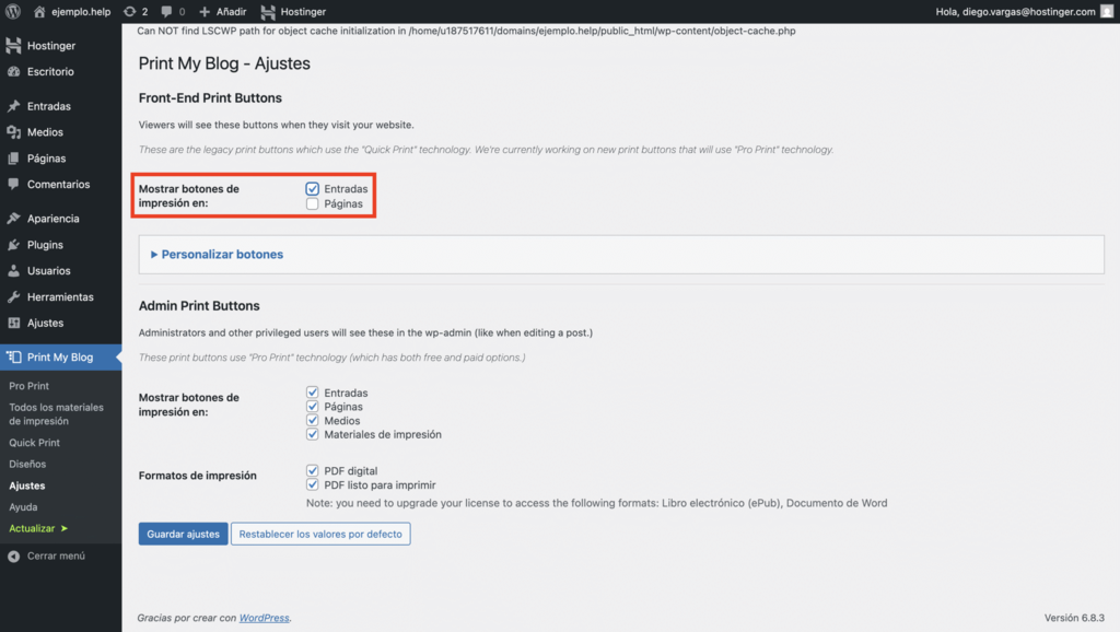 Ajustes de Print My Blog en WP