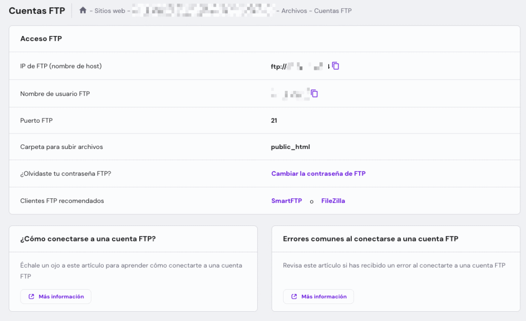 Captura de la pantalla Cuentas FTP