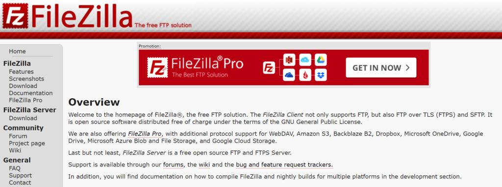 Captura de la web de FileZilla