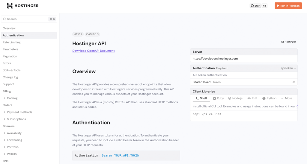 Página de la API de Hostinger