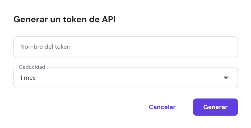 Sección para crear un token en hPanel
