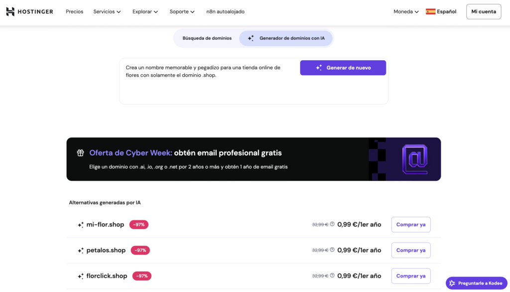 Generador de dominios AI de Hostinger mostrando opciones basadas en el prompt