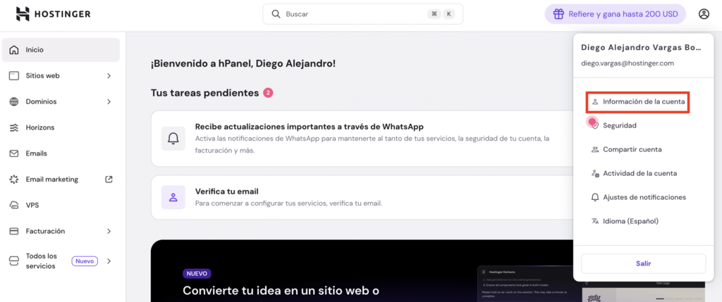 Botón Información de la cuenta en hPanel