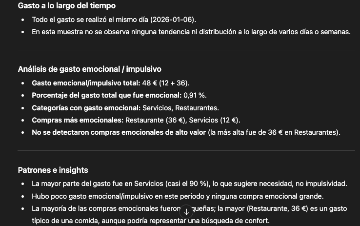 Informe de gastos generado por IA que muestra patrones de compra emocionales y perspectivas