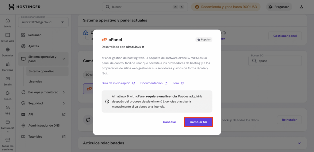 El botón Cambiar sistema operativo en una ventana emergente de confirmación en el panel de hPanel VPS.