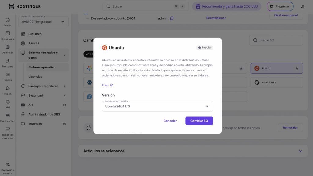 Imagen que muestra hpanel con el asistente de configuración de Ubuntu abierto.