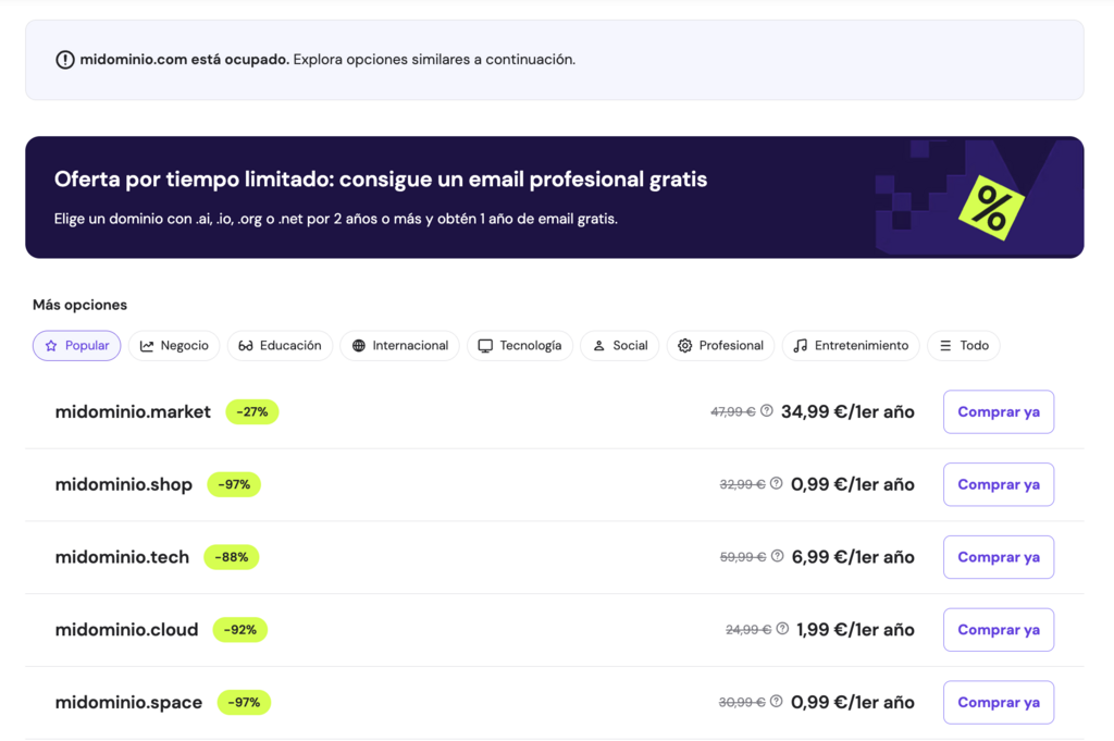 Búsqueda de nombres de dominio y sugerencias de alternativas en el sitio web de Hostinger